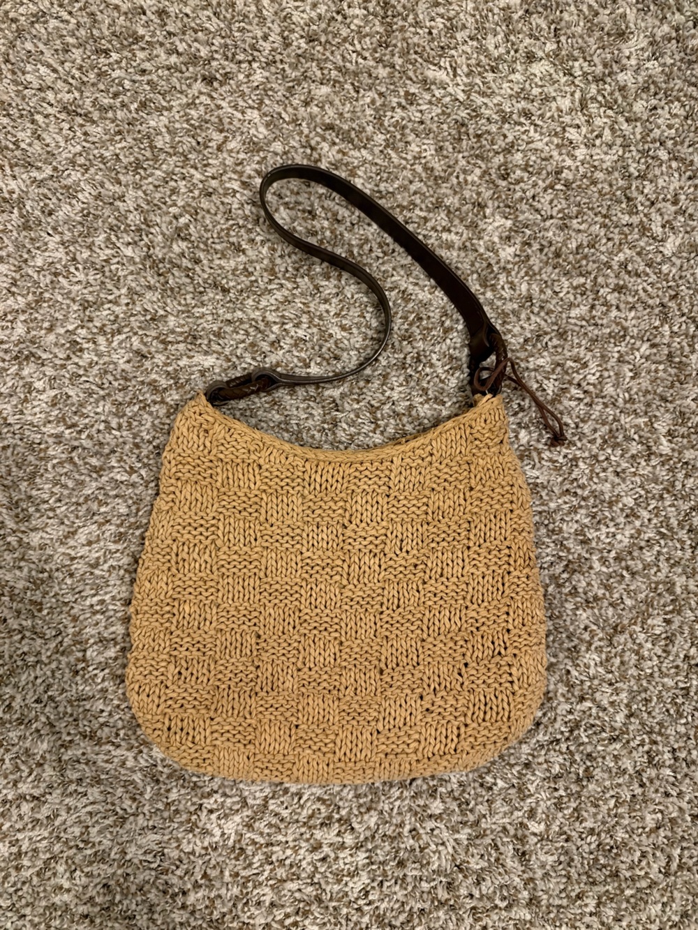 Woven Straw Shoulder Bag with Dark Brown Strap - Beige
